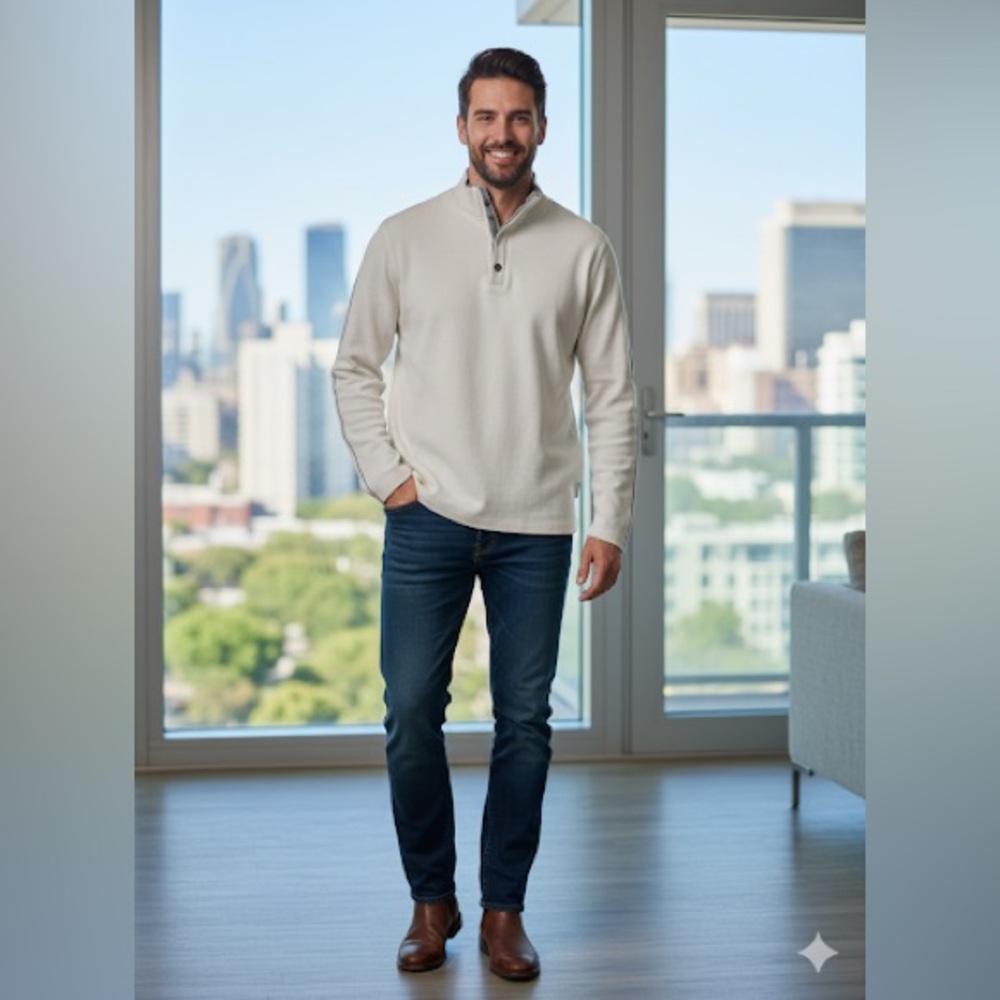 Hugo Boss Men's Cream and Gray Quarter Snap Sweater